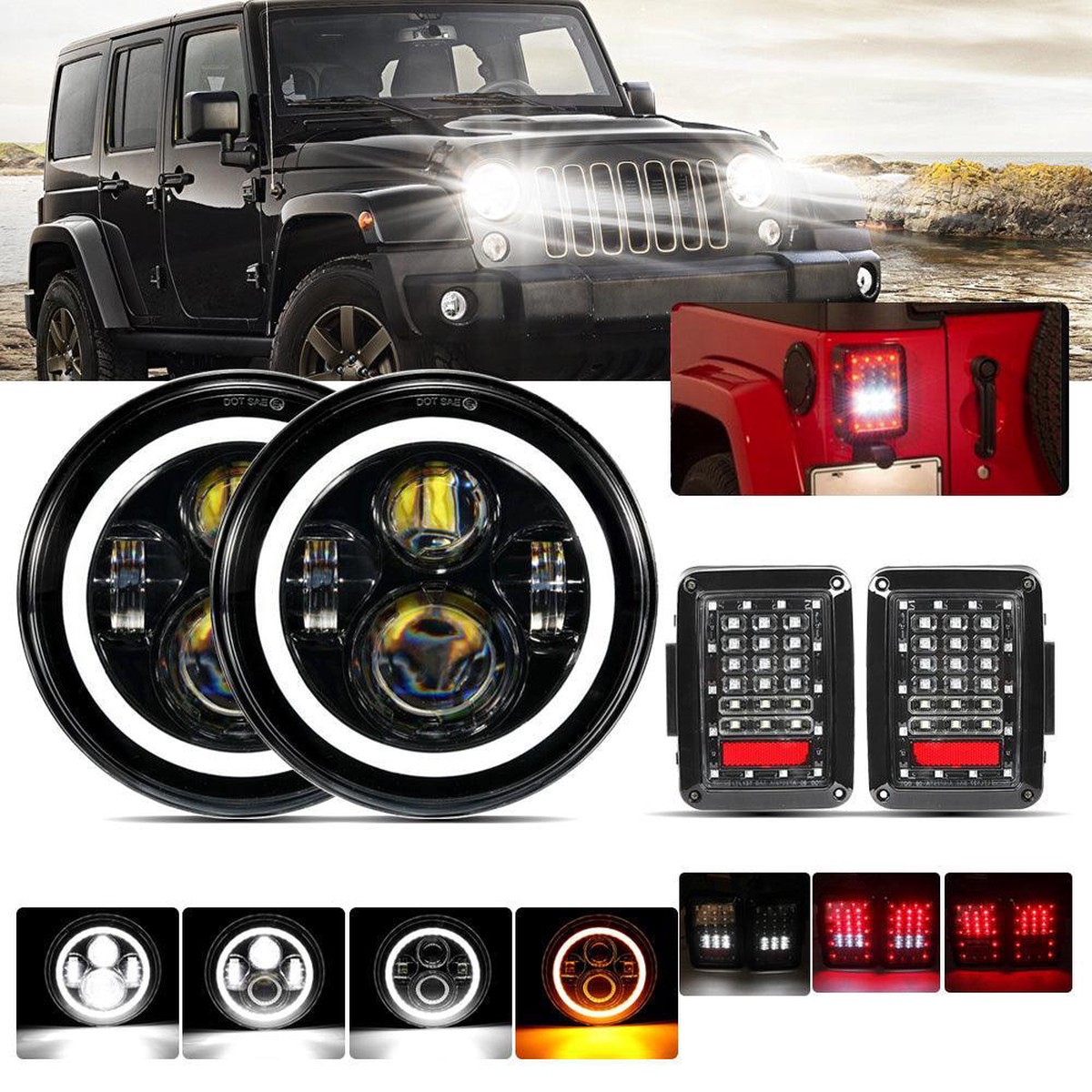 7 LED Headlight Replacement with Halo Ring LED Smoke Tail Light Brake Reverse Turn Signal Lamp for Jeep Wrangler JK