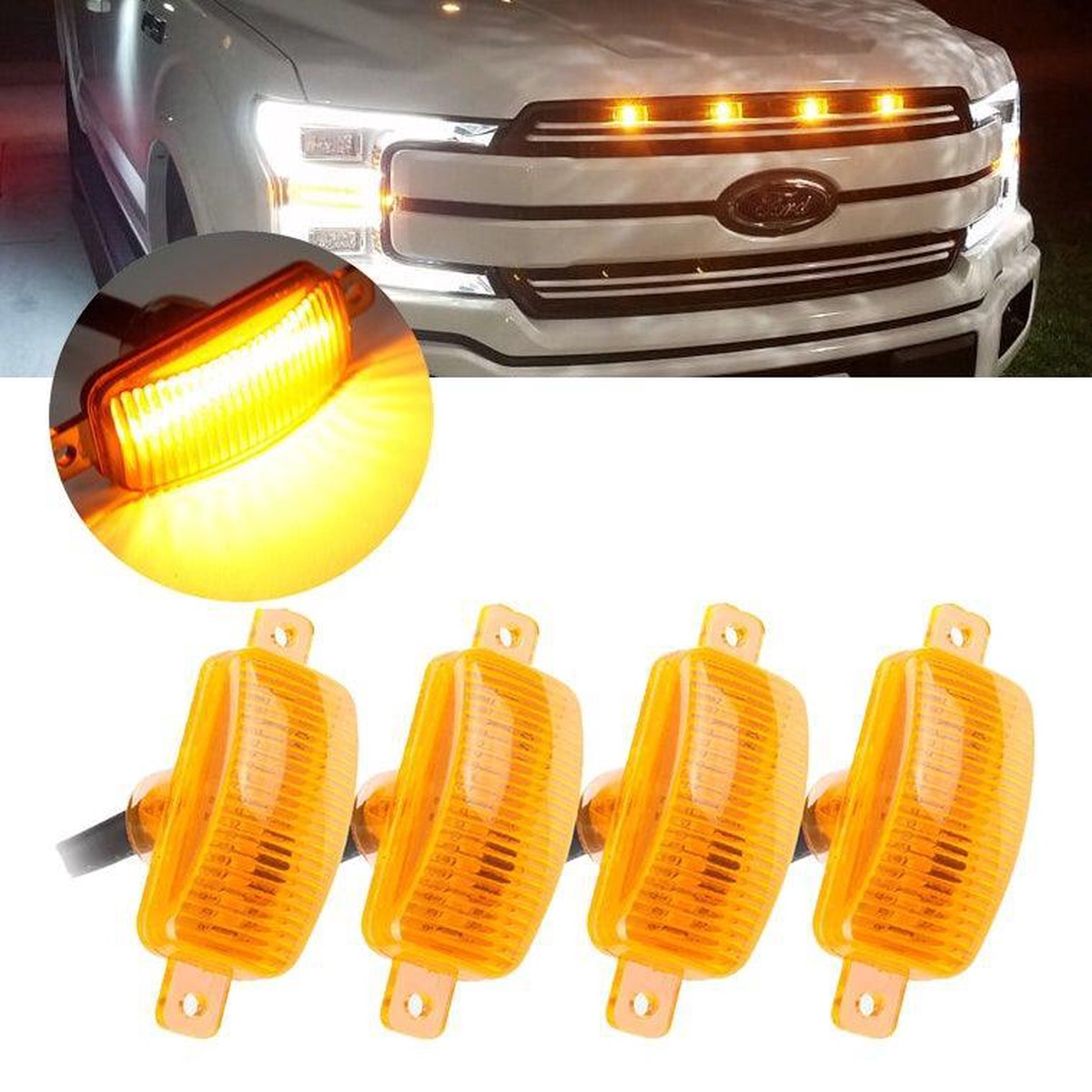 (4pcsset) LED Front Hood Grille Lights Raptor Style Amber Light Fit for Pickup Truck Off-Road SUV (Amber Shell Smoked Shell)