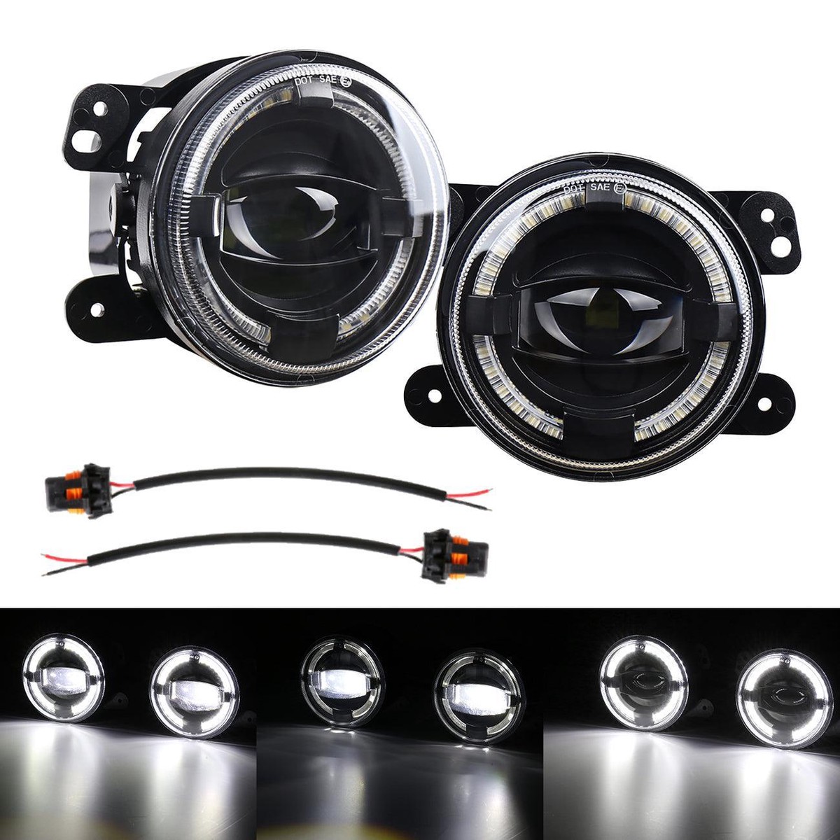 (2pcsset) 4 60W LED Fog Lights with White Halo Ring DRL for Jeep Wrangler JK Jeep Grand Cherokee Dodge