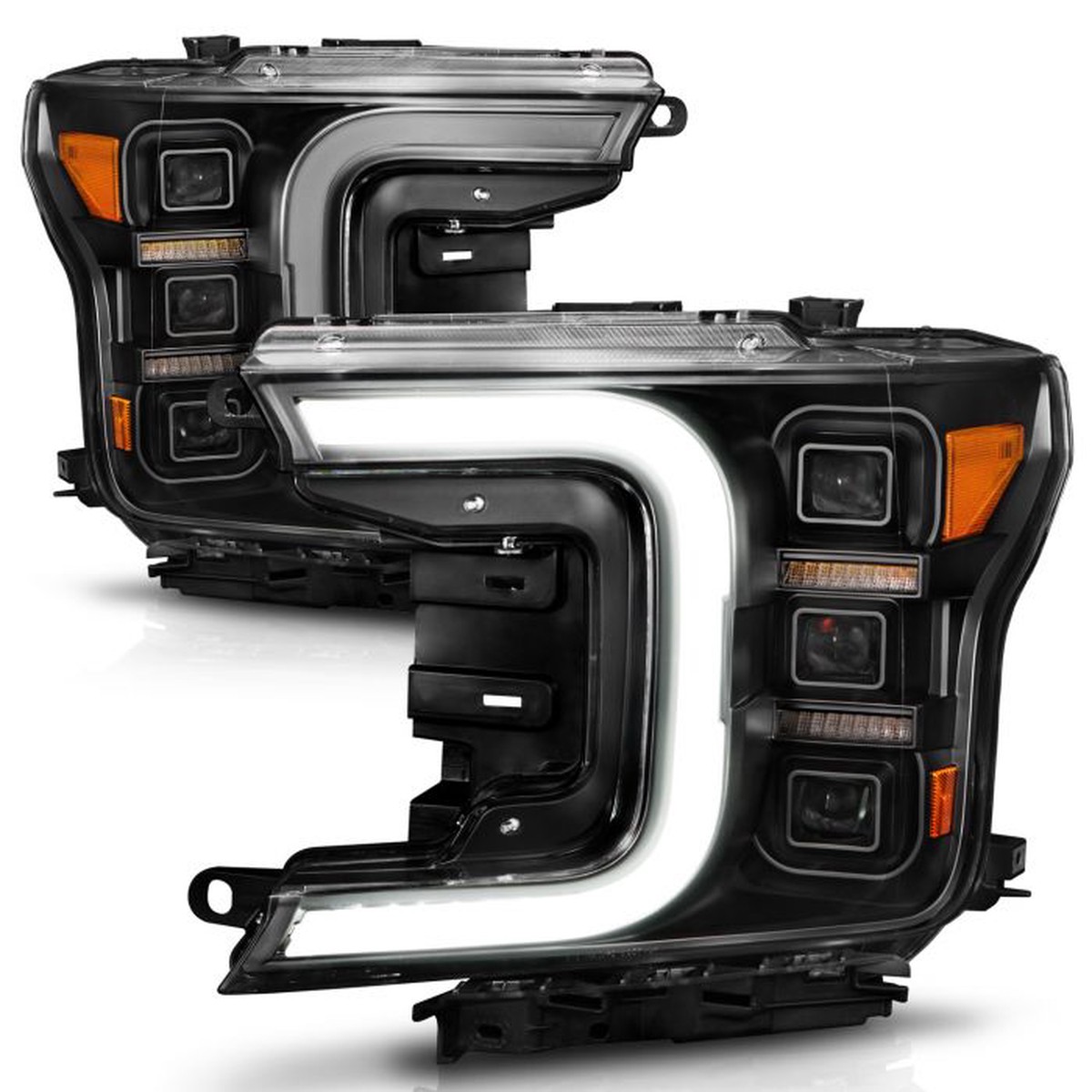 Anzo F-150 Full Led Projector Light Bar Headlights Black Amber (2018-2020)