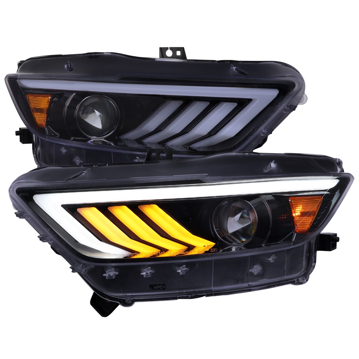 Spec-D Tuning Mustang HID-Type Sequential Projector Headlights w LED Bars and Strips - Gloss Black Housing Smoked Lens (2015-2017)