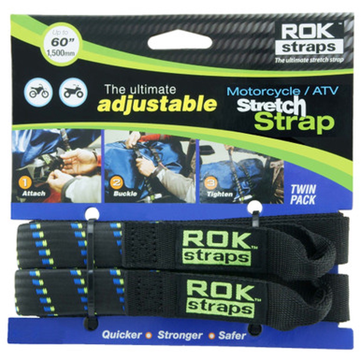 Adjustable Motorcycle Luggage Straps 18 to 60 Bungee Twin Pack (500 to 1500mm) Black Green