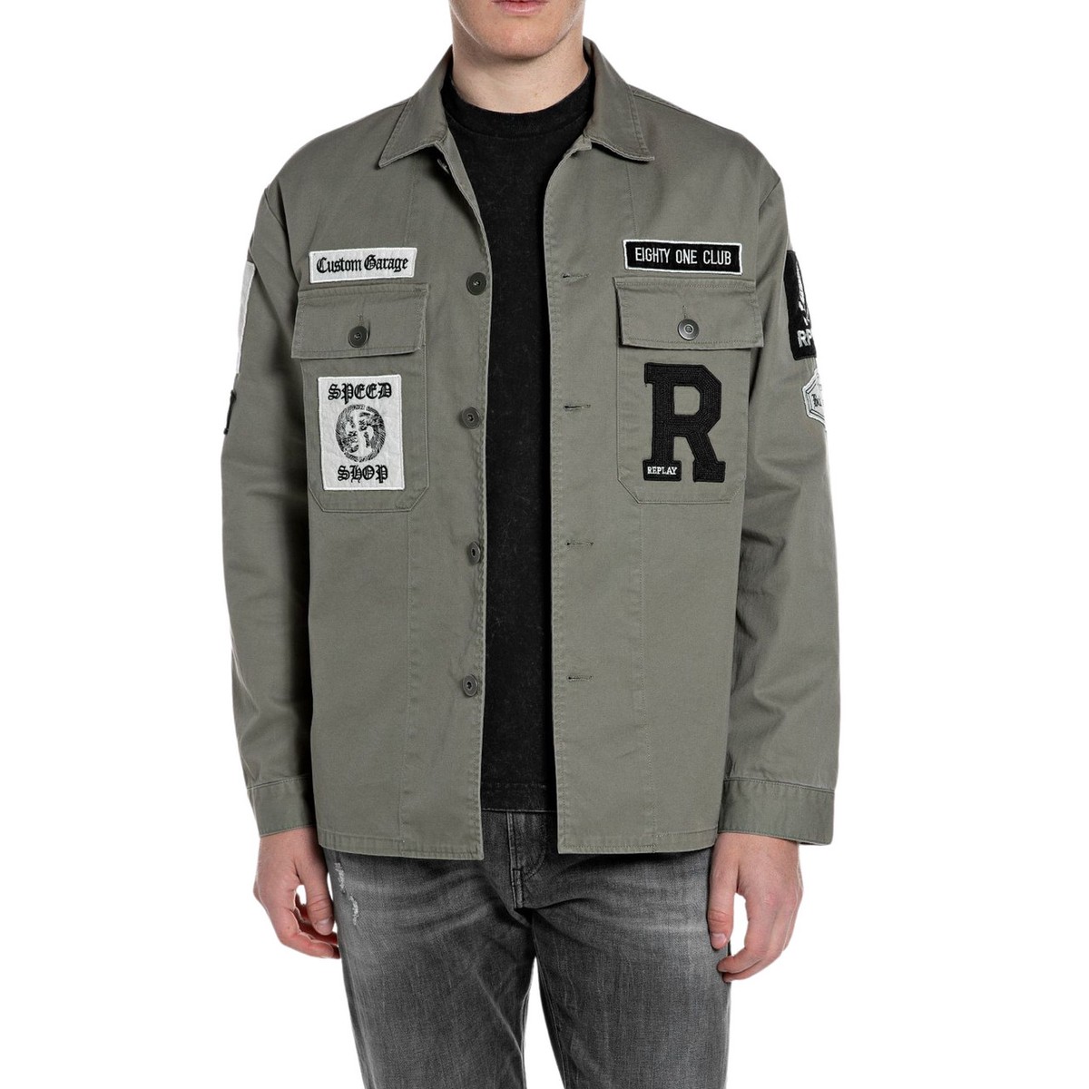 SHIRT JACKET WITH PATCHES AND LOGO M8445C GREEN