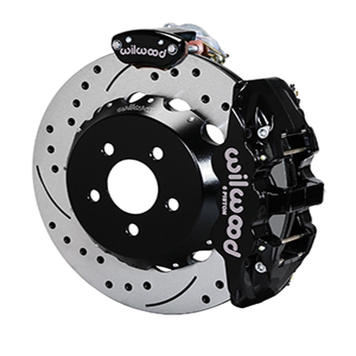 Wilwood AERO4-MC4 S550 Mustang Street Rear Parking Brake Kit - 14 Slotted and Drilled Rotors Black 4 Piston Calipers (2015-2023)