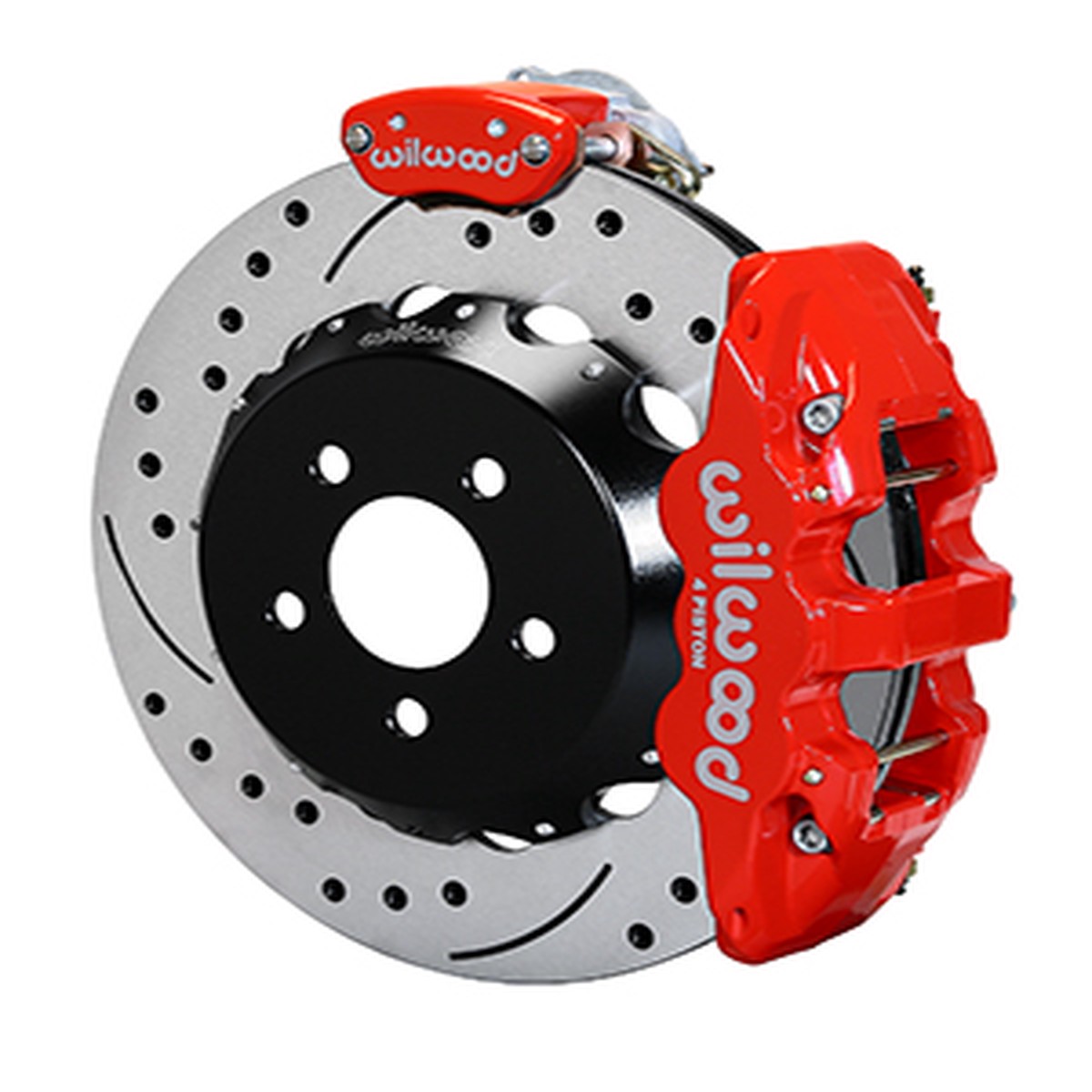 Wilwood AERO4-MC4 S550 Mustang Street Rear Parking Brake Kit - 14 Slotted Drilled Rotors Red 4 Piston Calipers (2015-2023)